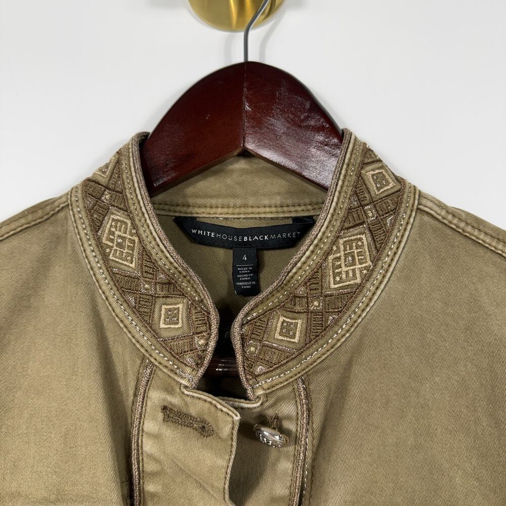 WHBM embroidered button front jacket Sz 4 olive green Smoky Topaz military vibe - Picture 3 of 13